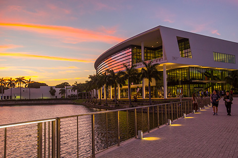 Exterior of the student center at the University of Miami at sunset.